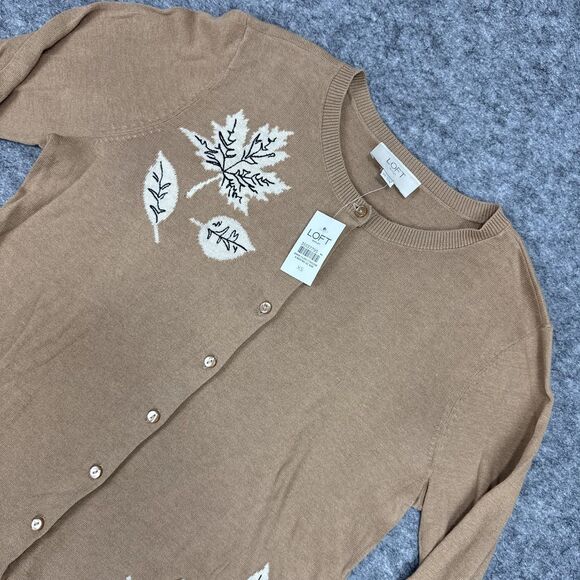 LOFT Outlet Sweater Womens XS Brown Leaf Embroidered Button Cardigan Fall Cotton - Picture 1 of 8